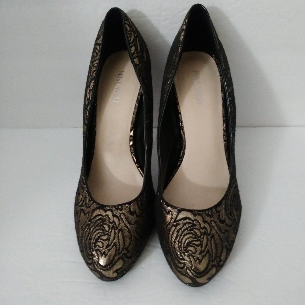 Nine West Black Gold Brocade High Heel Shoes Size 10